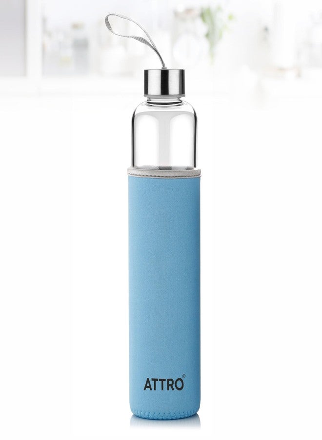 ATTRO Glassox Aqura High Borosilicate Glass Water Bottle with Sleeve & Stainless Steel Lid - Leakproof & Durable - Ideal for Office, Travel, and Daily Use Color- Blue - 750ml - Image 1